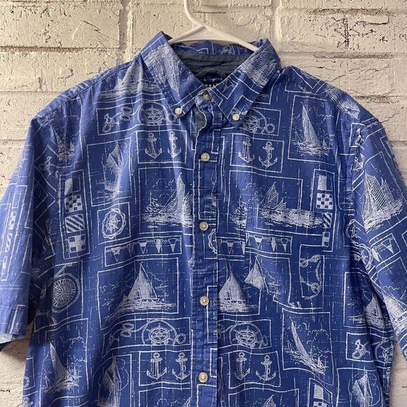 Chaps Sailboat Anchor Beachy Resort Short Sleeve Button Up Shirt L - Picture 1 of 9
